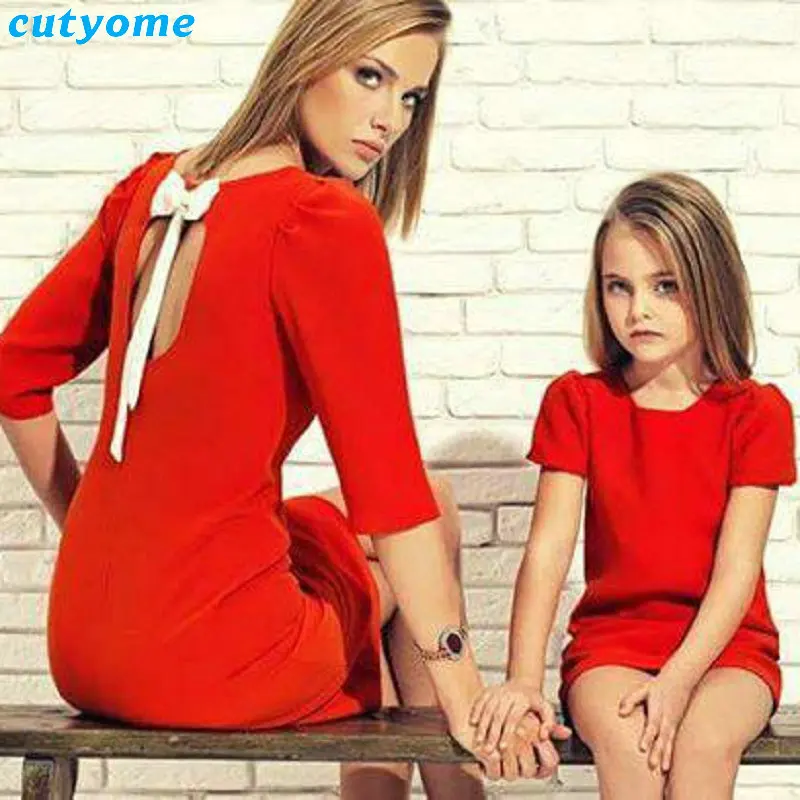 Family Look Matching Outfits Mother Daughter Dress Clothing Bow Mom And Daughter Dresses Half Sleeve Mommy And Me Summer Dresses (3)