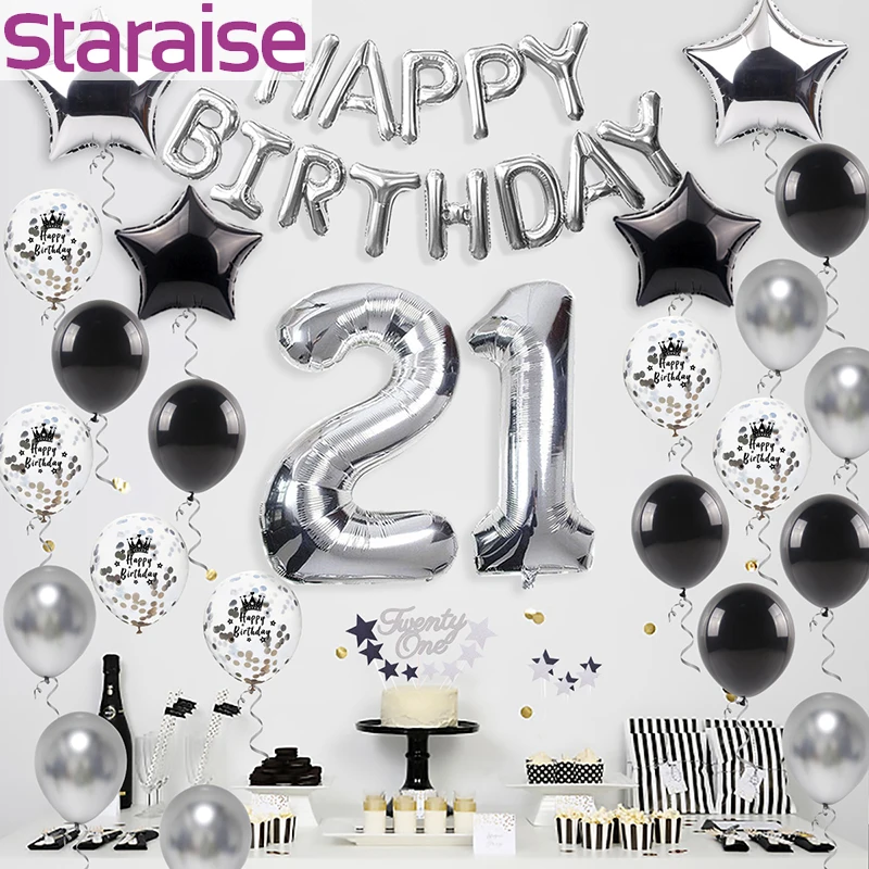 

Staraise 21th Black Silver Cake Topper Birthday 40pcs Party Decor Set Silver Foil Balloon Party Favor Birthday Silver Banner