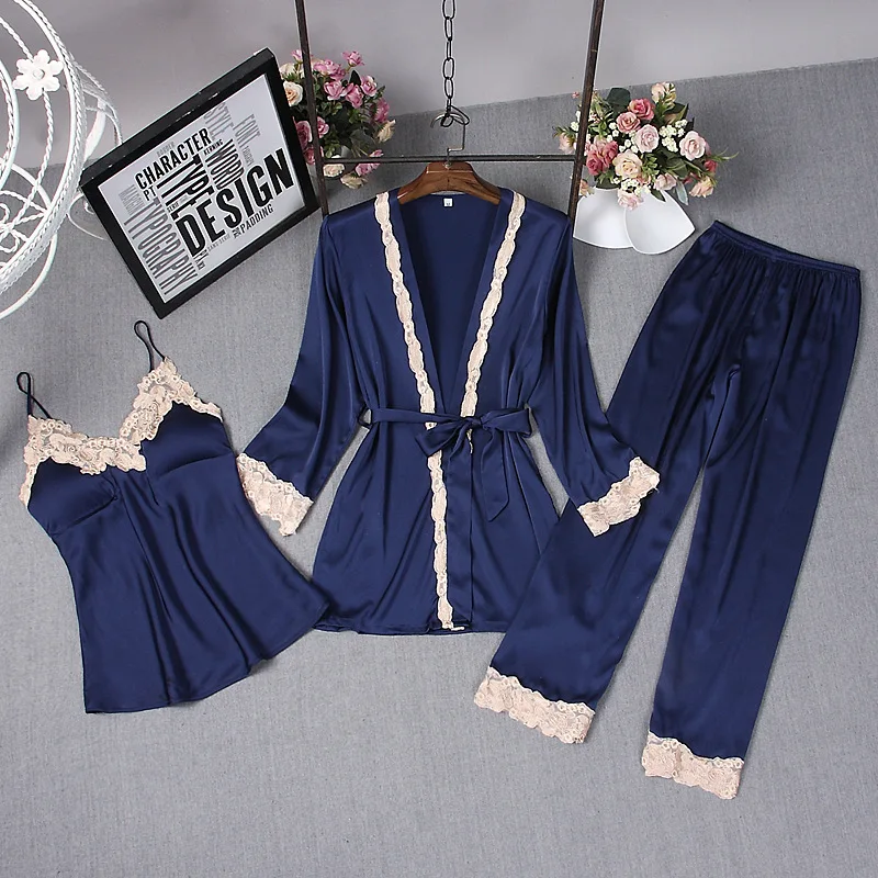 

Satin Pajamas for Women Elegant 3Pieces Sleepwear Female Sexy Lace At All Seasons Silk Pajamas Set Coat+Vest+Pants 2018 Pijama