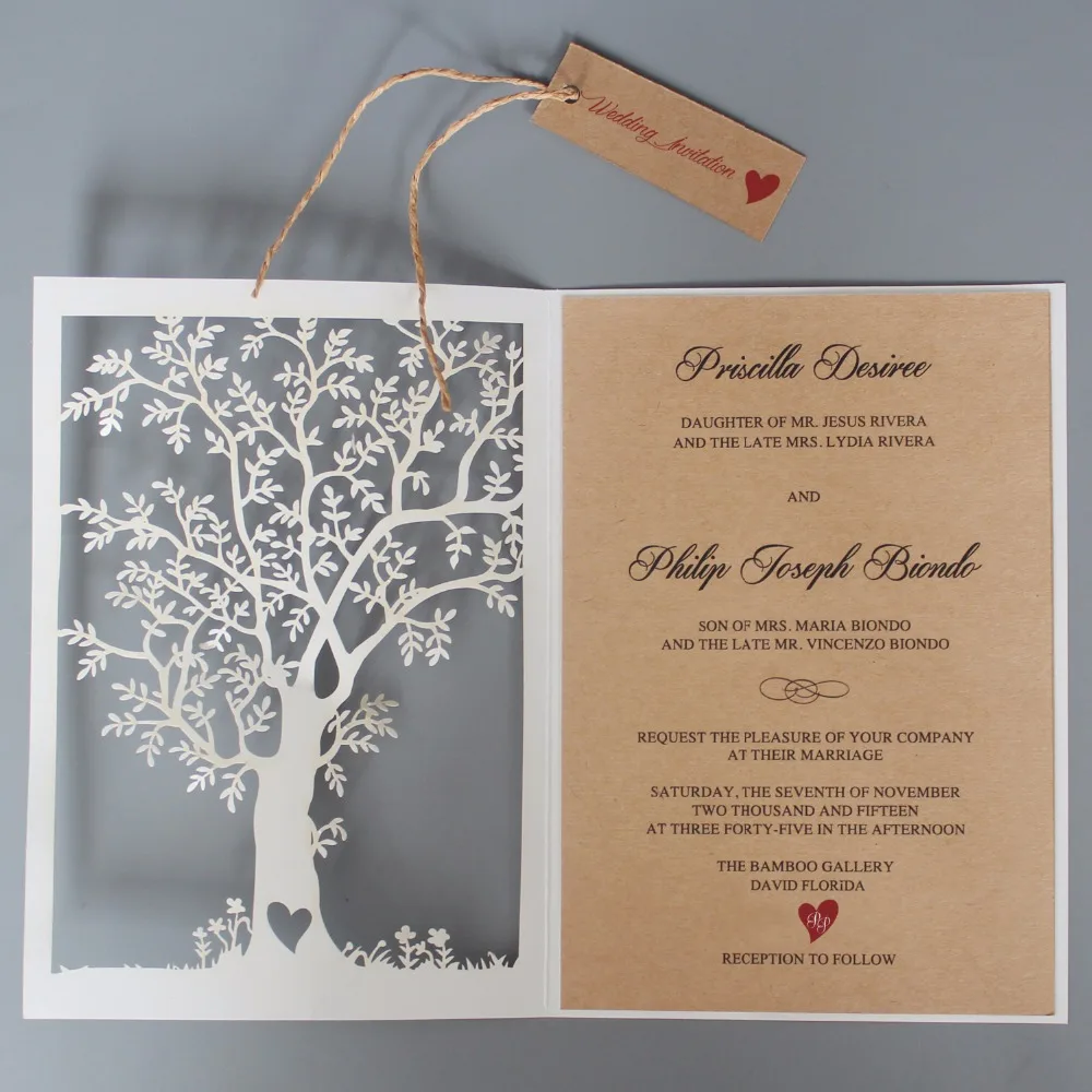  Rustic Wedding Invitation Laser Cut Wedding Invitation Cards Tree Wedding Invite With Tag - set of  - 32900553518