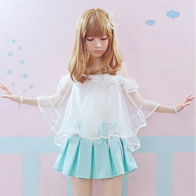 

Summer Flare Sleeve Off the shoulder Strap Tulle Bandage Women Fashion Tops Gauze Cute Shirt Short Lolita Lace Junior's Shirts