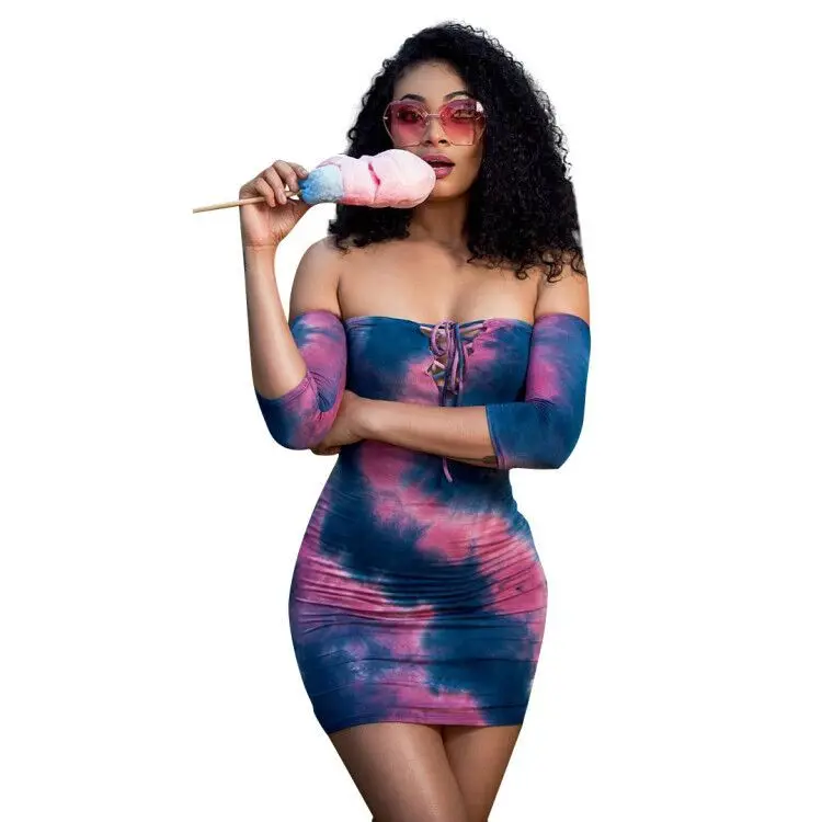 

Women Sexy Off Shoulder Three Quarter Lace Up Printing Ink Midi Bodycon Bandage Mini Above Knee Club Evening Dress