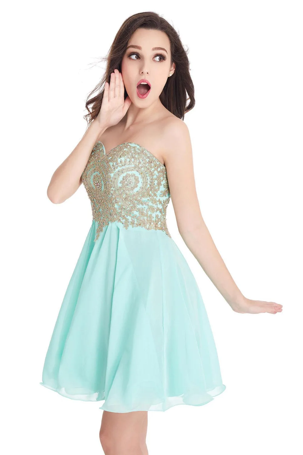 Cocktail Dresses Sexy Open Back Golden Lace Chiffon Real Image Short Party Prom Gowns Robe De Soiree Courte Formal Occasion