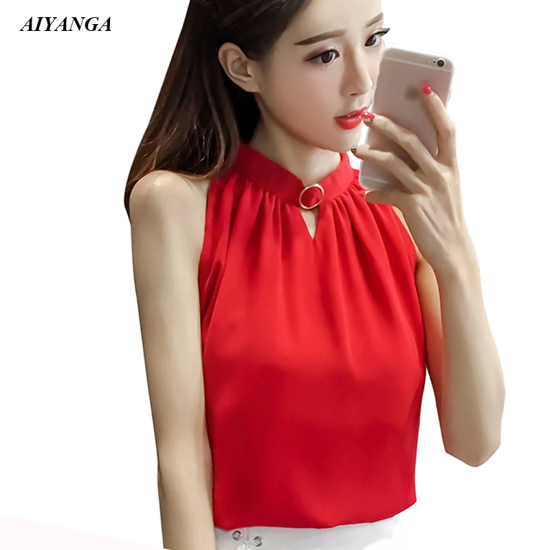 

New Chiffon Blouses Women 2019 Spring Summer Sleeveless Shirts Female Blouse Hollow Sexy Shirt Tops Red White Black