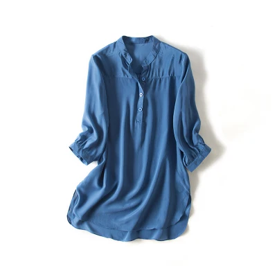 19 мм, натуральный шелк, блузка женская, одноцветная, 3/4 рукав, блузки, шелк, шифон, Blusas femininas, осень, новинка, синий - Цвет: Синий