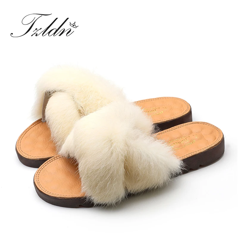 

Summer Women Casual Fur Slippers Female Furry Indoor Flip Flops Non-slip Solid Rabbit Fur Slides Large Size DropShipping TZLDN