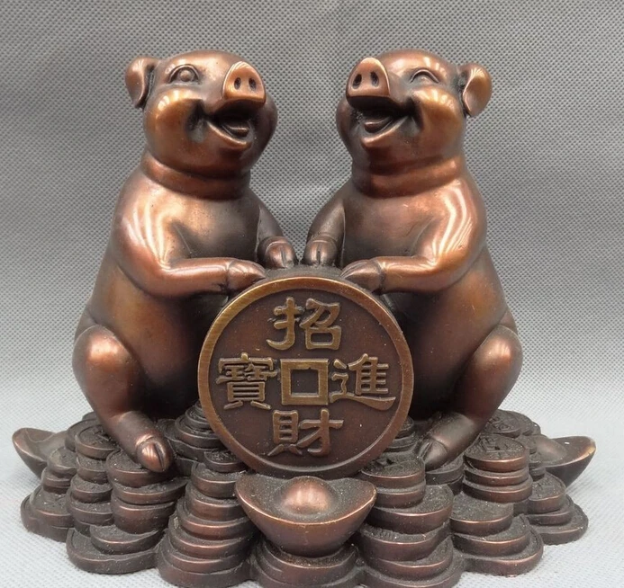

JP S0114 9" Chinese Pure Bronze Year Zodiac YuanBao 2 Wealth Happy Fu Pig On Coin Statue