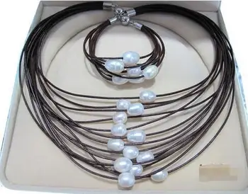

Hot sale new Style >>>>10-11mm Natural White Fresh Water Pearls With Brown Leather Necklace&Bracelet