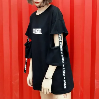

Hip-hop Women's Long Coat Round Neck T-shirt 2019 Japan Harajuku Fashion Spring [loose] Letter Hollow Hip-hop Hey T-shirt