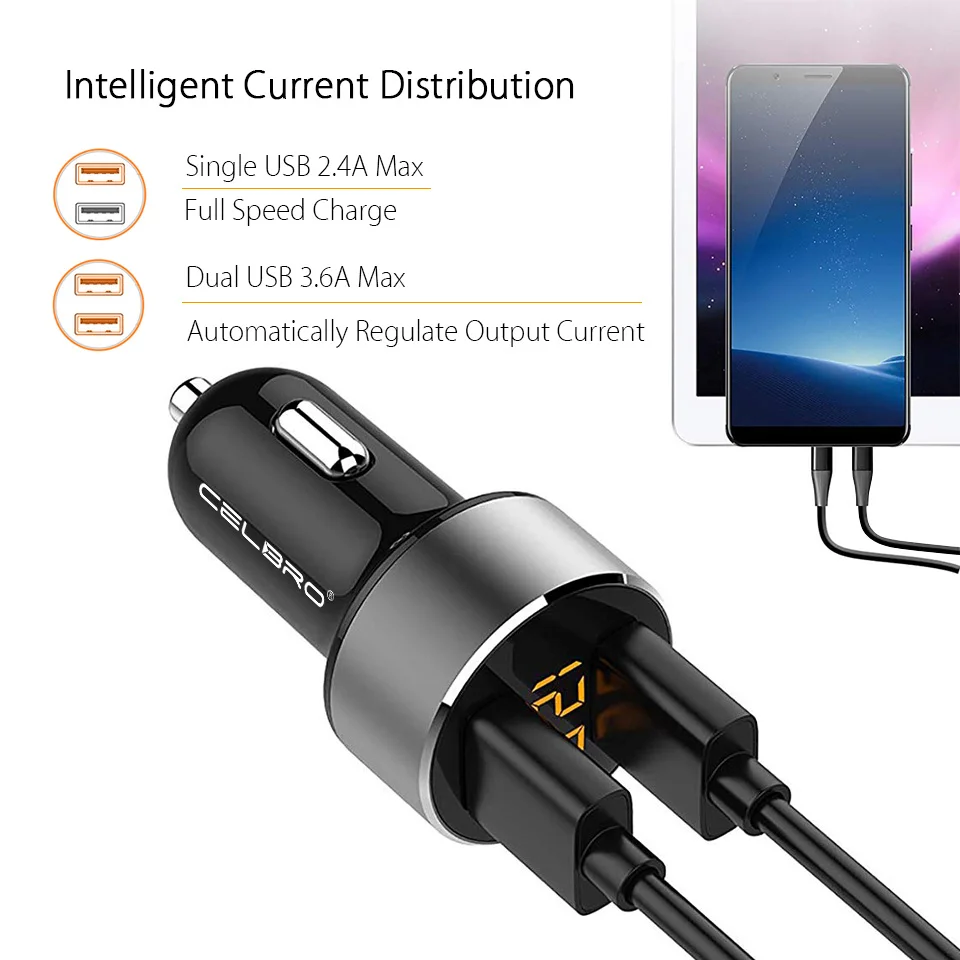 Обновленный двойной Переходник USB для зарядки в машине светодиодный дисплей автомобильное зарядное устройство для мобильного телефона samsung iPhone 3.6A металлическое автомобильное зарядное устройство 2 порта