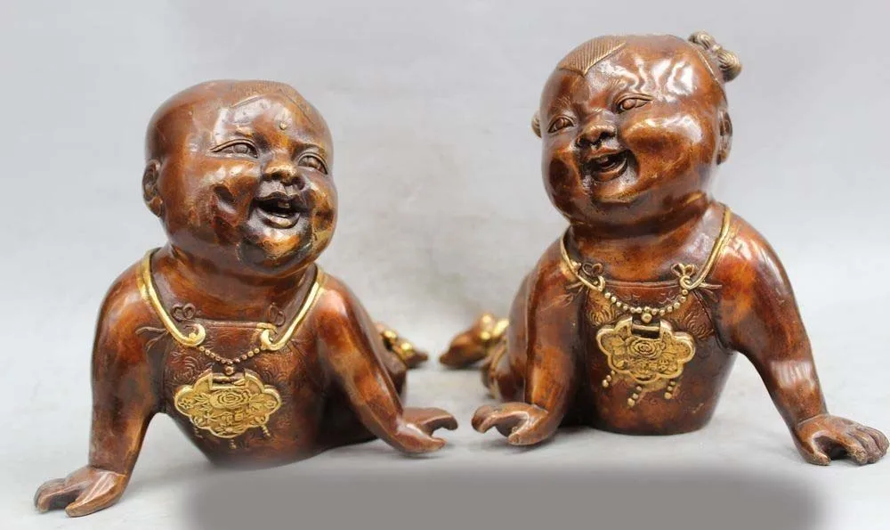 

9"Chinese China Folk Feng Shui Bronze Gild Lucky Two Tong zi Boy Girl Statue Pai