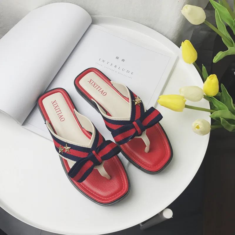 

Dropshipping 2019 British Style Slipper Women Wear Retro Patchwork Color with Bow Flip-flops Outdoors In Summer Non-slip Shoes