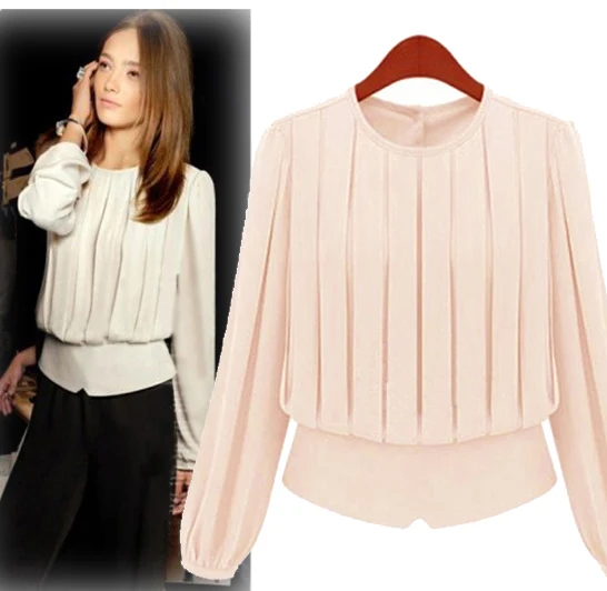 Classic Women Pleated O-neck Chiffon Shirt Top, Fashion All-match Long Sleeve Chiffon Blouse Classic Women Pleated O-neck Chiffon Shirt Top, Fashion All-match Long Sleeve Chiffon Blouse