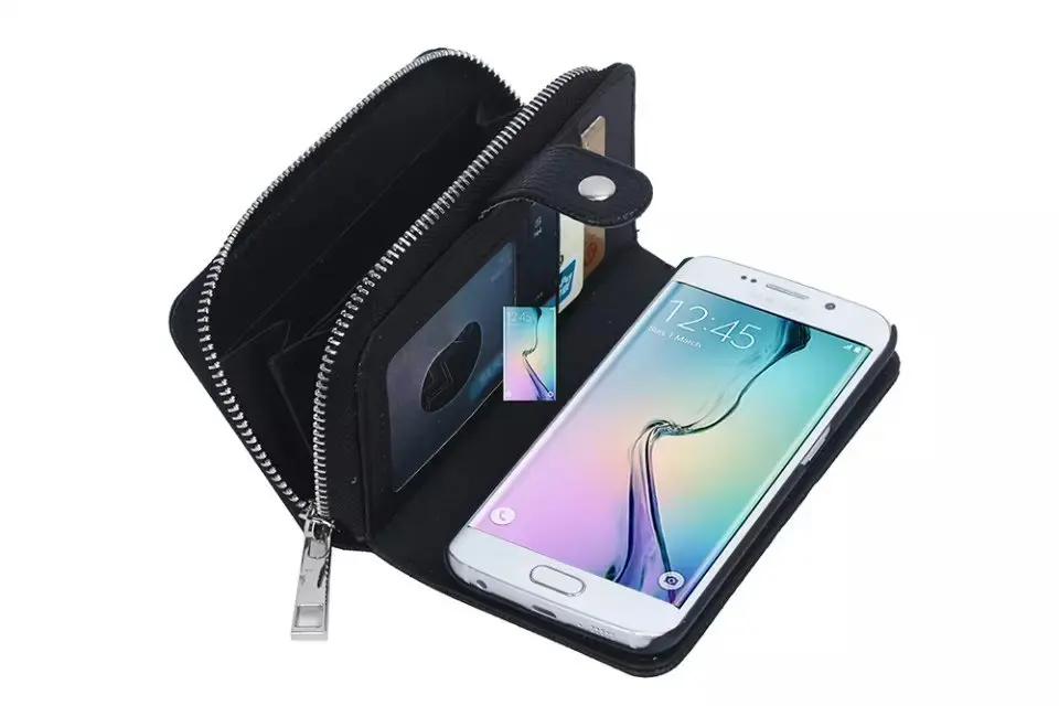 Removable TPU magnet adsorption s6 litchi grain leather zipper wallet flip phone cases for samsung Free shipping |