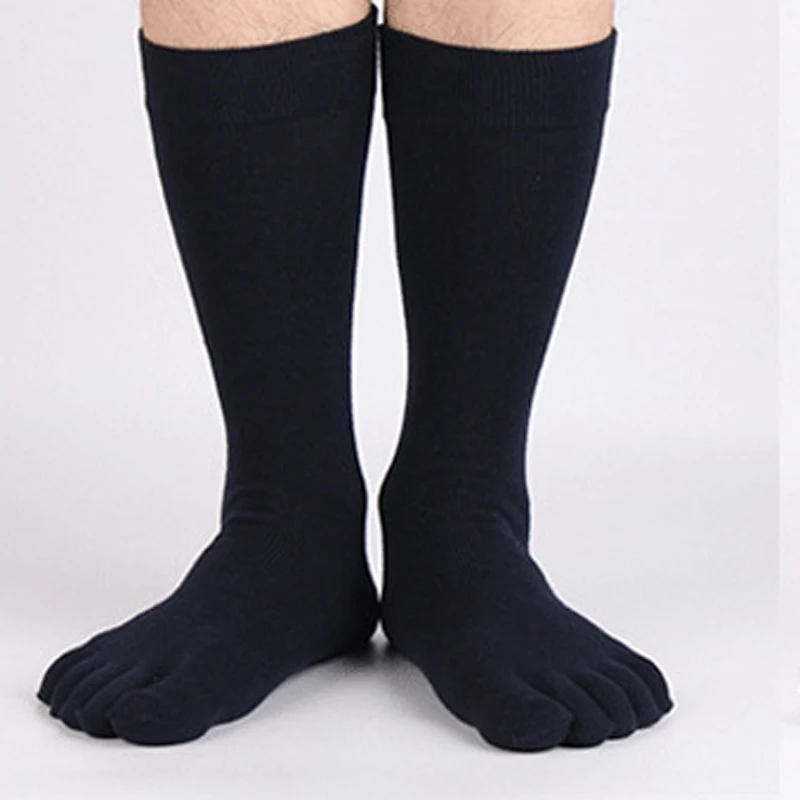 Мужские носки с отдельными пятью пальцами ног эластичные мужские деловые носки дышащие однотонные хлопковые длинные носки высокого качества для бега - Цвет: Тёмно-синий