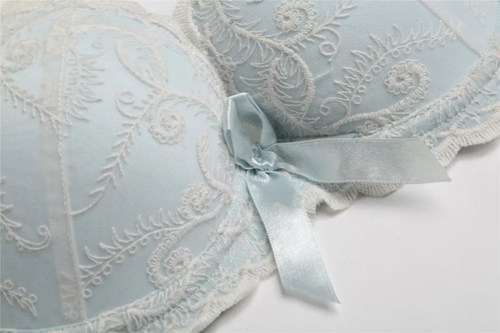 New 2015 bow lace embroidery push up bra sexy women underwear sets for girls bra and panty set beige and light blue A,B,C cup()