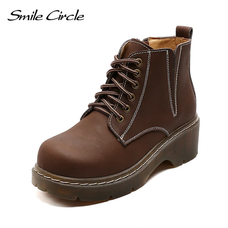 

Smile Circle Work Boots Women Shoes work Boots Genuine Leather Flat Platform boots For Women Winter Fashion Thick bottom Boot