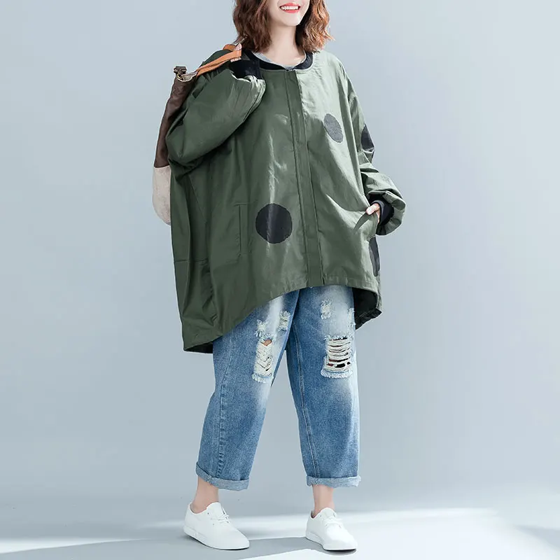 

Plus Size Polka Dot Zipper Jacket Coat Cloak vogue Outerwear Coats for Women 4xl 5xl 6xl Oversized Ladies Loose Jackets 2019