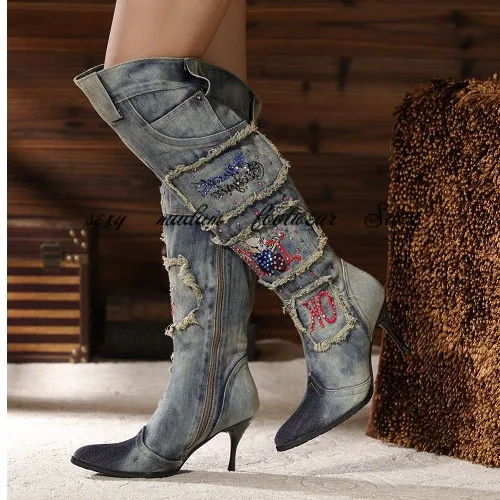 Women Vintage Side Zipper Denim Boots Thin High Heel Pointed Toe Crystal Knee High Boots Winter Warm Jeans Long Botas Mujer