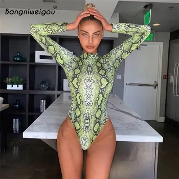 

Bangniweigou Chic Snake Print Long Sleeve Bodysuit Women Skinny High Neck Reflective Green Snakeskin Rompers Soft Bodice