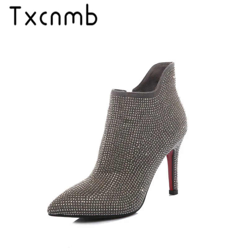 

TXCNMB Fashion Autumn Winter New Arrive Boots Women Pointed Toe Genuine Leather Boots Zipper Cow Suede Leather Ankle Boots