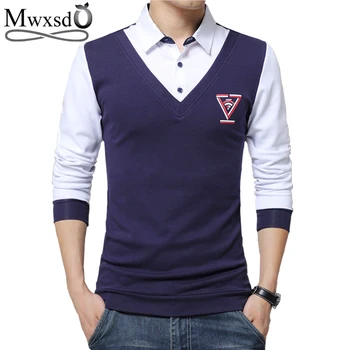 

Mwxsd Brand men's fake two-piece slim fit cotton shirts Men long sleeve Shirt male patchwork shirt plus Asian size M-5XL