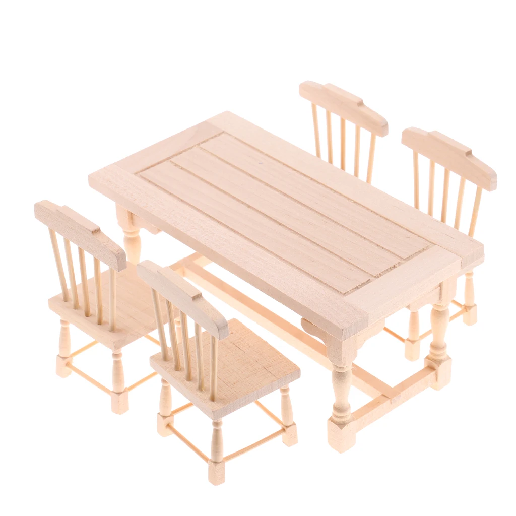 1/12 Dollhouse Dining Room Furniture Natural Wood Dining Table Chairs Set