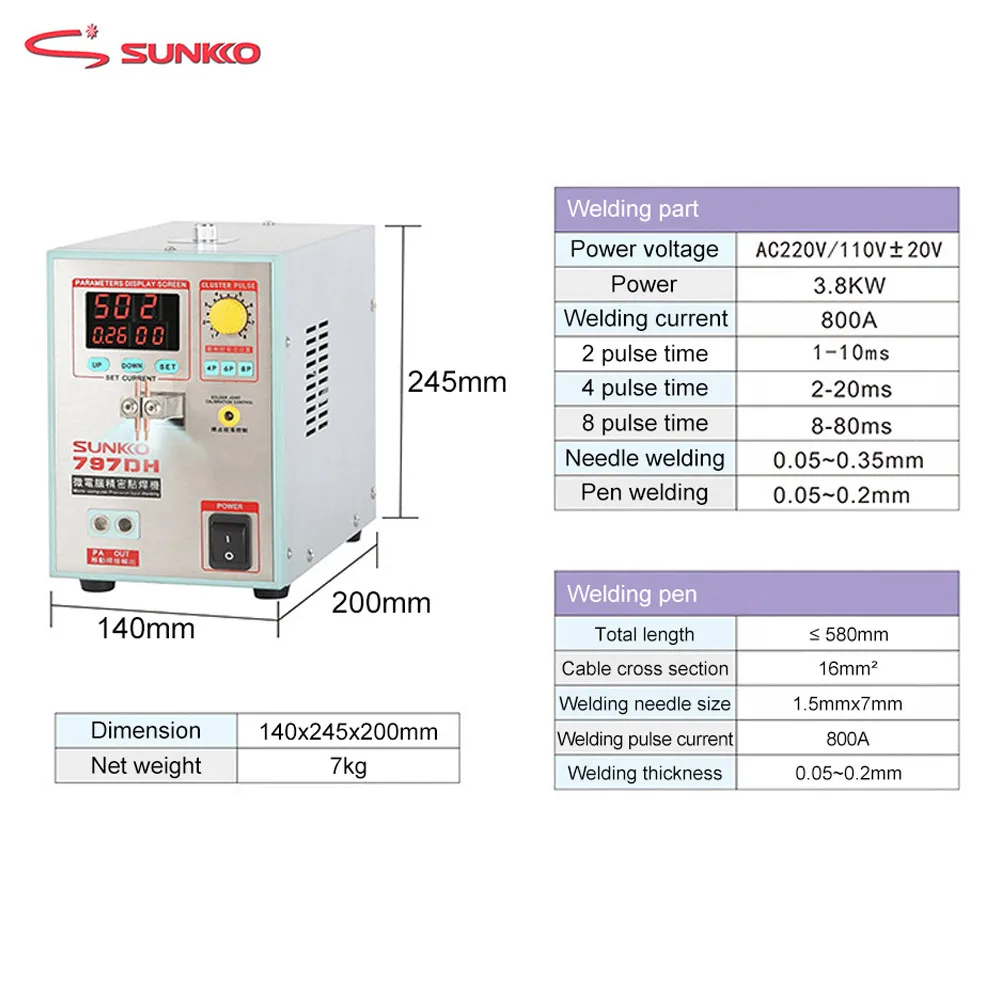 SUNKKO 797DH аккумуляторная машина для точечной сварки 3.8KW Высокая мощность точность точечная Импульсная Сварка машина точечная сварка Максимальная толщина 0,35 мм