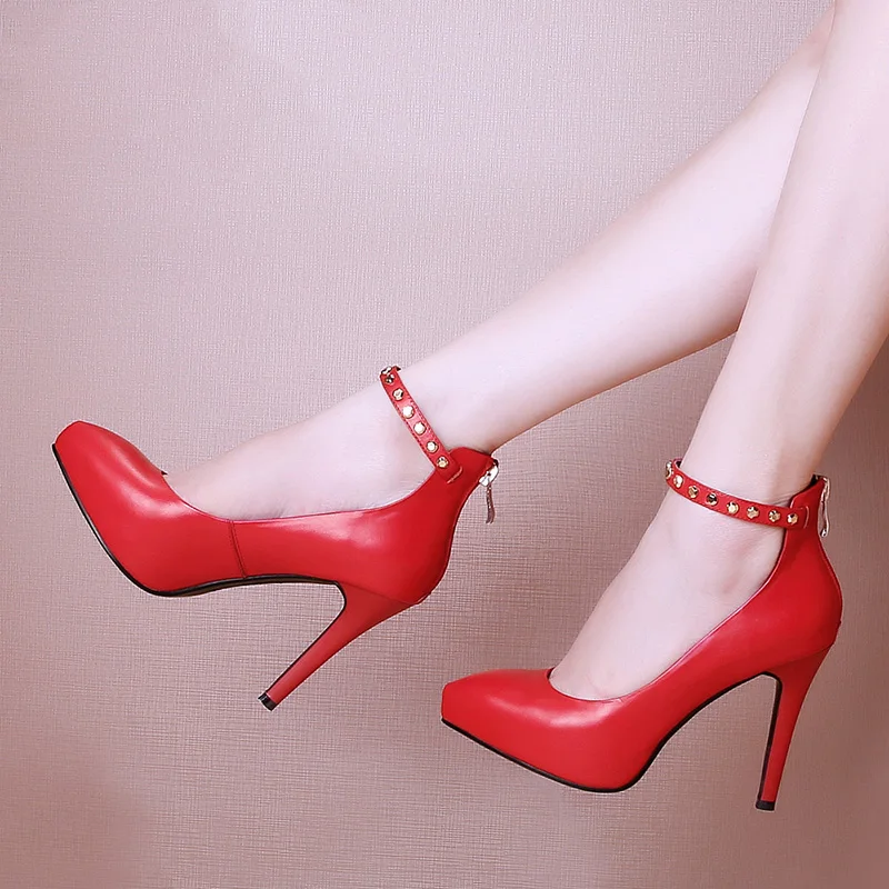 Ankle Strap Red Wedding Dress Pointed Toe Pointy Stiletto Shoes Woman OL High Heel Pumps Genuine Leather Metal Rivet 2016