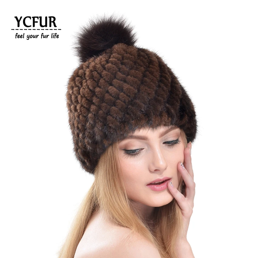 YCFUR Winter Women Caps Hats Knit Mink Fur Hats Beanies With Fox Fur