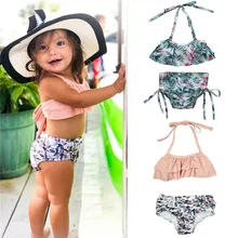 GLANE/детские купальные комплекты для девочек с цветочным принтом и листьями пляжный купальный комплект бикини для девочек, пляжная одежда с бантом, купальный костюм для детей возрастом от 1 года до 6 лет