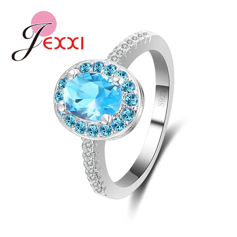 JEXXI Classical Blue Stone Fine Jewelry Rings Oval Cubic Zircon Tiny Pave Stone Crystal Wedding Engagement Rings Mujer