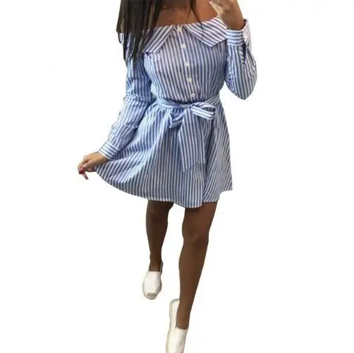 

Casual Women Shirts Dress Elegant Off Shoulder Striped Dresses Short Bow Ties Summer Dress Vestidos