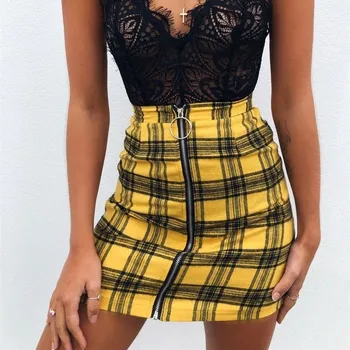 

2018 Sexy Women Red Yellow Plaid Pencil Skirts Preppy Style High Waist Zipper Mini Skirts