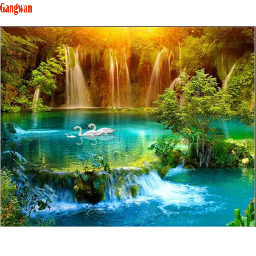 waterfall,5D,Diamond Painting swan lake ,Stitch Cross,3d pictures of rhinestone,Full,Diamond Embroidery,Diamond Mosaic landscape decoration