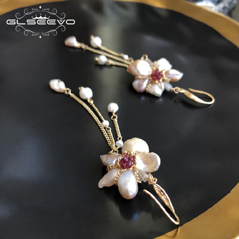 GLSEEVO, натуральные пресноводные жемчужные серьги-подвески в форме цветка, длинные висячие серьги с кисточками для женщин, ювелирные изделия GE0485