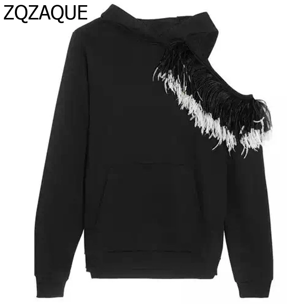 Sweatshirts Patchwork Feather Shoulder Black Sy1007 Girls Quality Tops Runway Hooded Out Sexy Style Hollow High Real CwXvqZ7Z