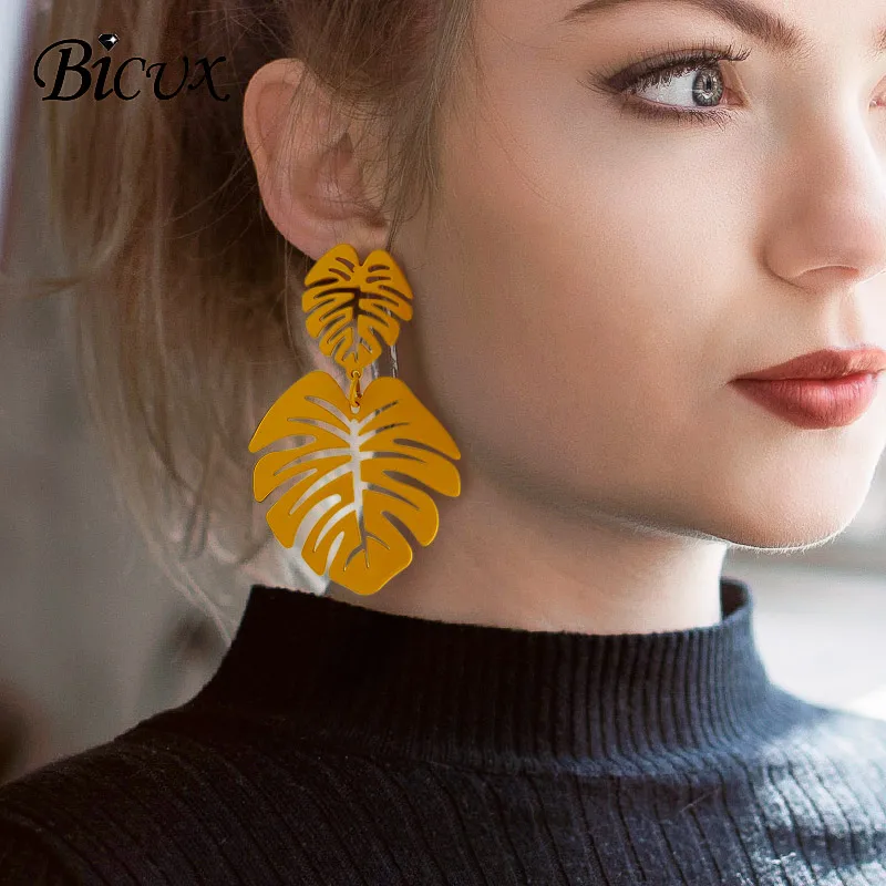 BICUX bildirimi büyük yaprak damla küpe kadınlar için 2019 moda Vintage geometrik sarı yeşil uzun içi boş Metal küpe takı|Damla Küpeler| - AliExpress