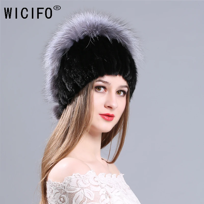 Женская вязаная шапка из меха норки стильная женская меховая шапка с подкладкой из меха лисы с помпоном женские зимние головные уборы шапки для девочек