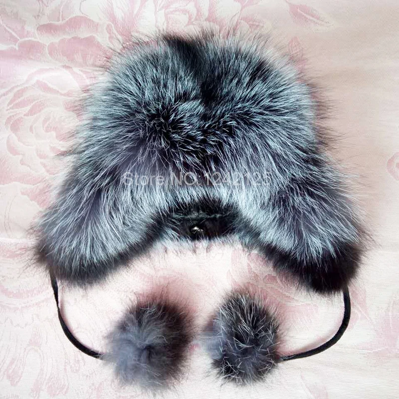 

Winter Russia fur hat boy Real Fox Fur Hat kids Children Earmuff hats pompom raccoon Warm Ear fox fur Hats caps