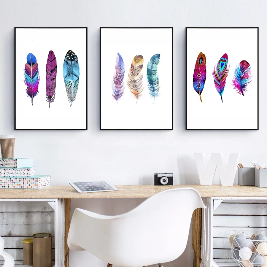 

Watercolor Colorful Feather Canvas Art Print Poster , Hand Drawn Feathers Native Painting Wall Pictures For Home Decoration