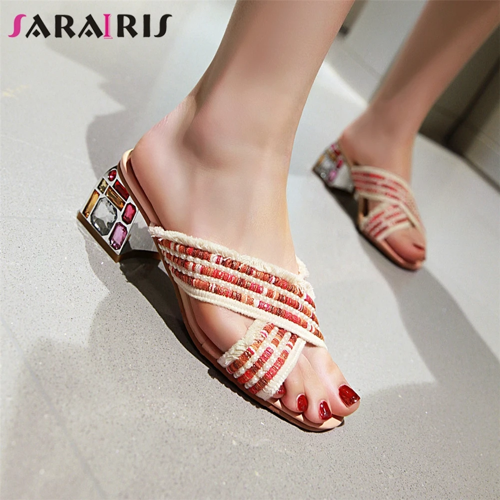 

SARAIRIS New Ladies Daily Casual Mules Women 2019 Summer Plus Size 33-46 High Heels Slippers Women Shoes Woman Glitters