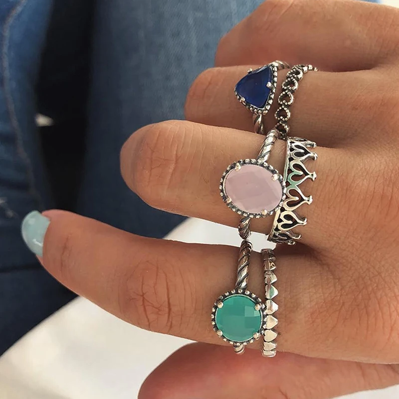 

Fashion Women Rings Oval Heart Shape Crown Crystal Geometry Silver Ring Set Temperament Female Wedding Party Jewelry Accessories