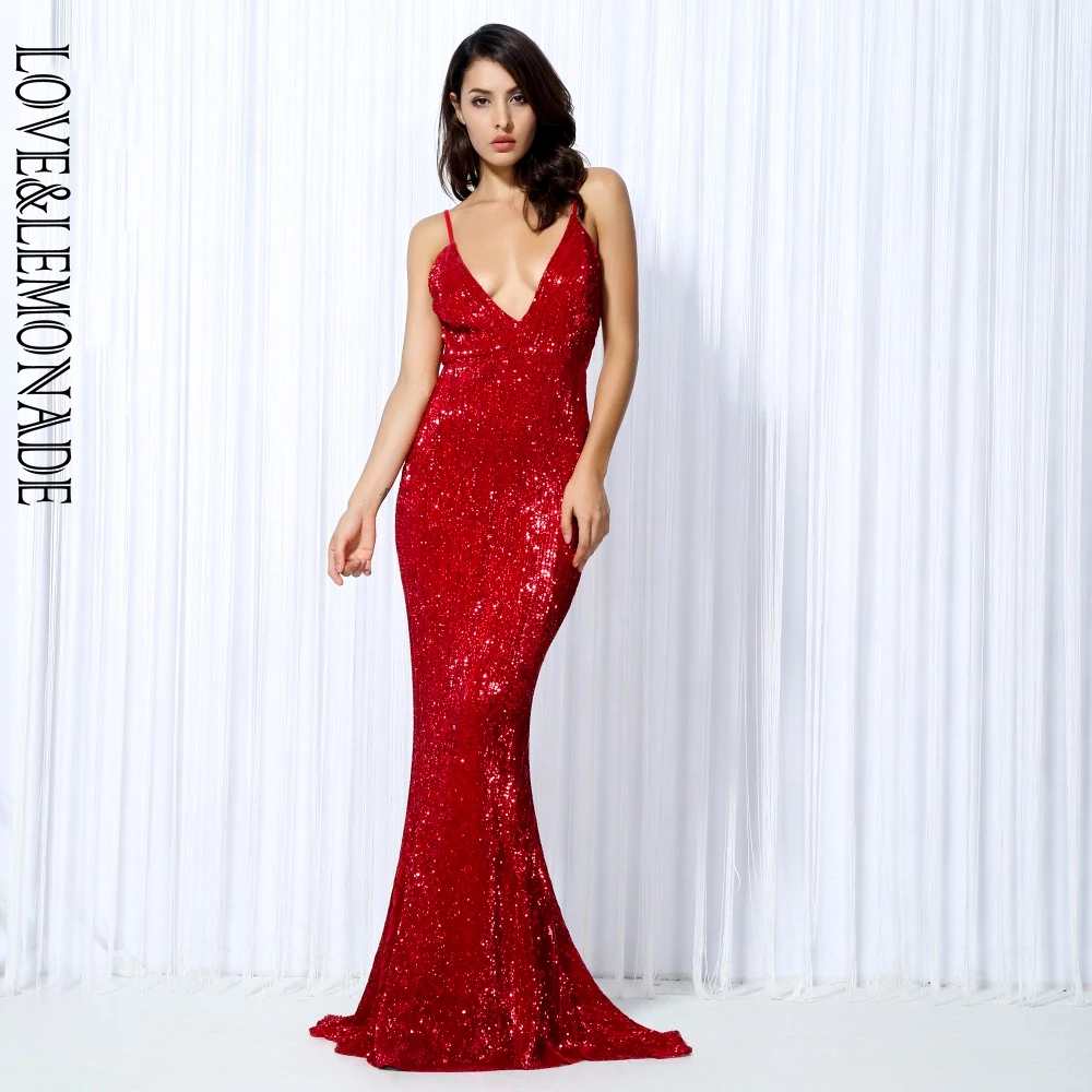 Женское длинное платье LOVE & LEMONADE красное эластичное с блестками модель LM80119|maxi