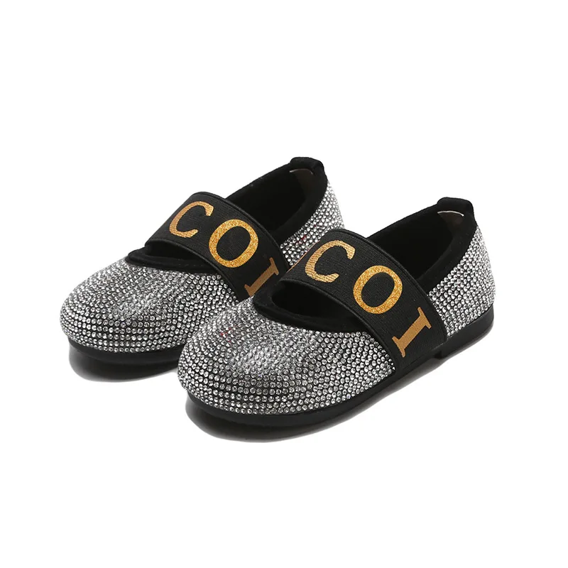 

2019 Autumn Summer Crystal Shoes for Children Kid Blastic Band Flats Toddler Flat Shoes Baby Dance Shoes Soft Bottom Black Shoes