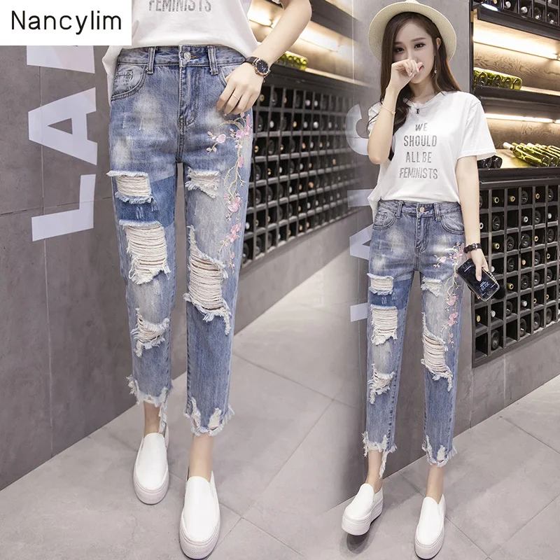 Большие размеры, вышитые джинсы с дырками, Женские Летние Осенние новые свободные брюки карандаш с высокой талией для девочек, женская уличная одежда, джинсовые брюки