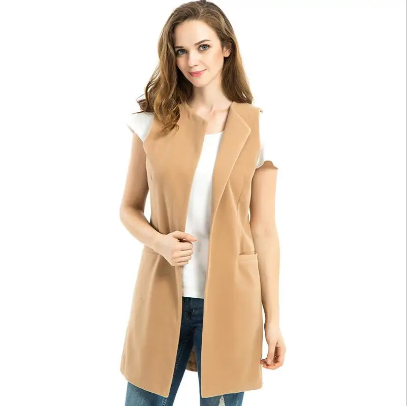 Women Autumn Spring Wool Blend Vest Waistcoat Lady Office Wear Long Waistcoat Women Coat Casual Sleeveless Vest Jacket Plus Size - Цвет: camel