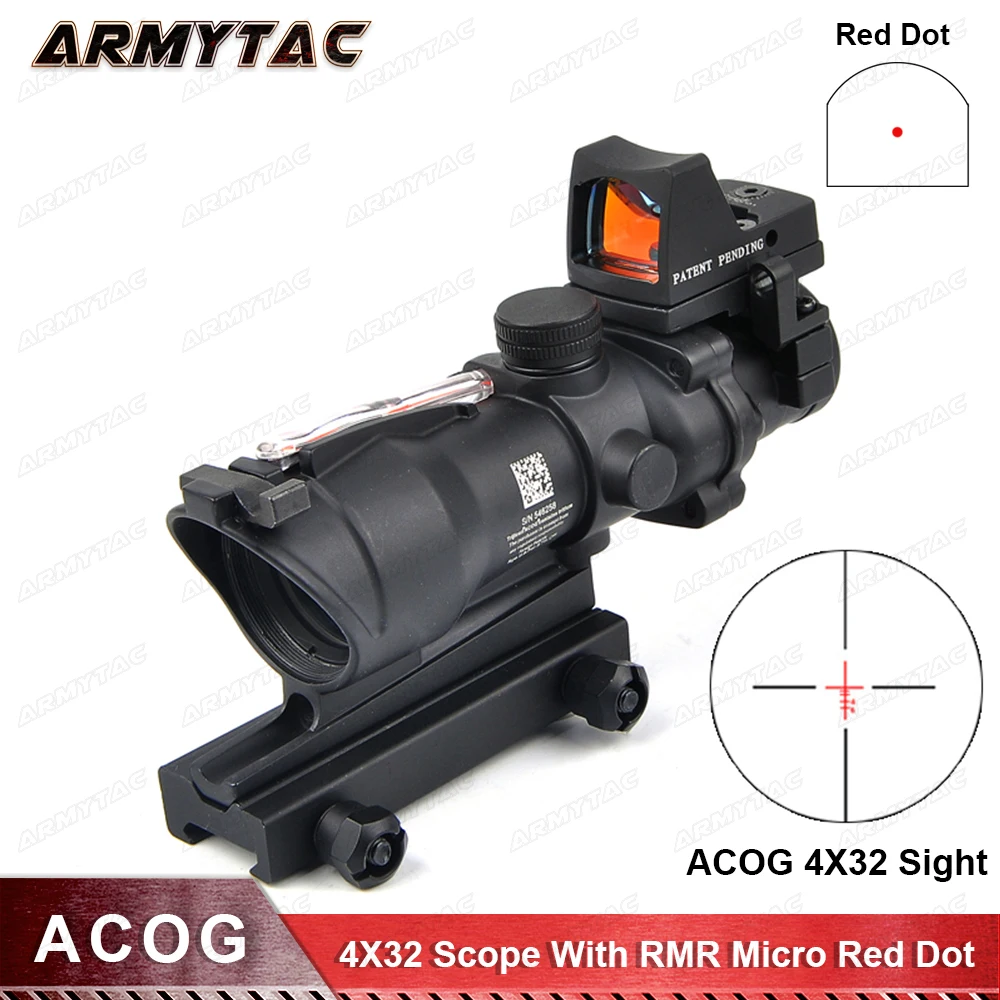 

Tactical Trijicon Airsoft ACOG 4X32 Sight Real Red Fiber Source Red Illuminated Rifle Scope With RMR Micro Red Dot for Hunting