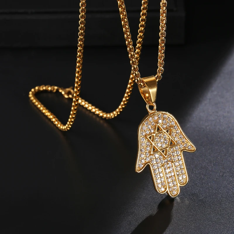 

D&Z Iced Out Jewish Star God Hand Amulet Pendants & Necklaces Gold Stainless Steel Fatima Hamsa Necklaces Men Hip Hop Jewelry