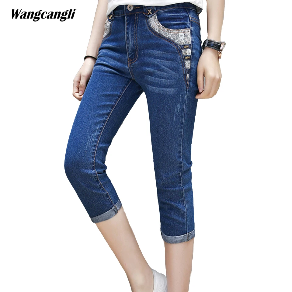 

jeans woman elasticity denim pants Side Stripe jeans for women Large size 5xl summer female calf-length pants Pockets wangcangli
